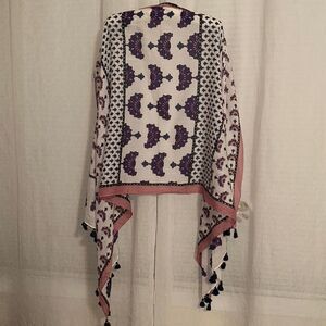 LOFT White Blush Pink Indigo Purple Silver Metallic Floral Tasseled Scarf Wrap